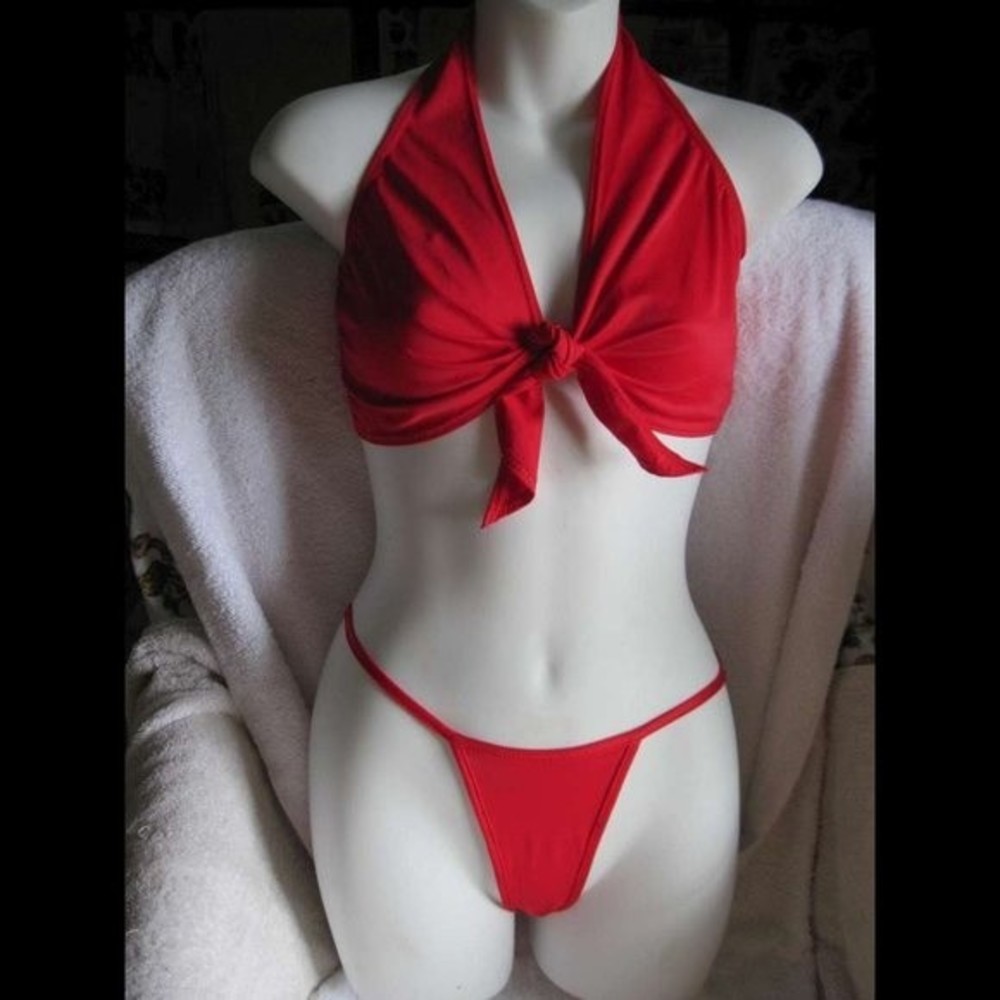 Zuliana Red 2 Piece Sexy Thong Panty Tie Front Top Dancer Outfit Swim Cover Ups